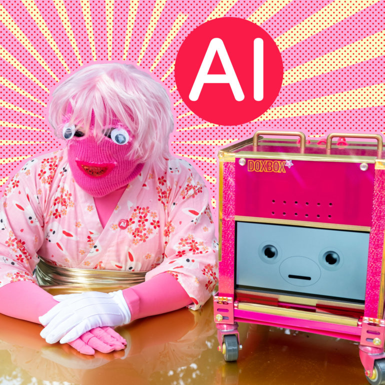 Artist Alistair Gentry dressed in a pink costume and wig without his face visible next to a pink cube with a cute digital smiling face