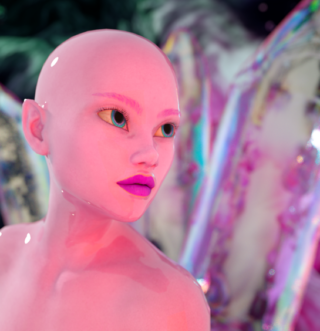 image of pink female alien face on Mood Pinball artwork