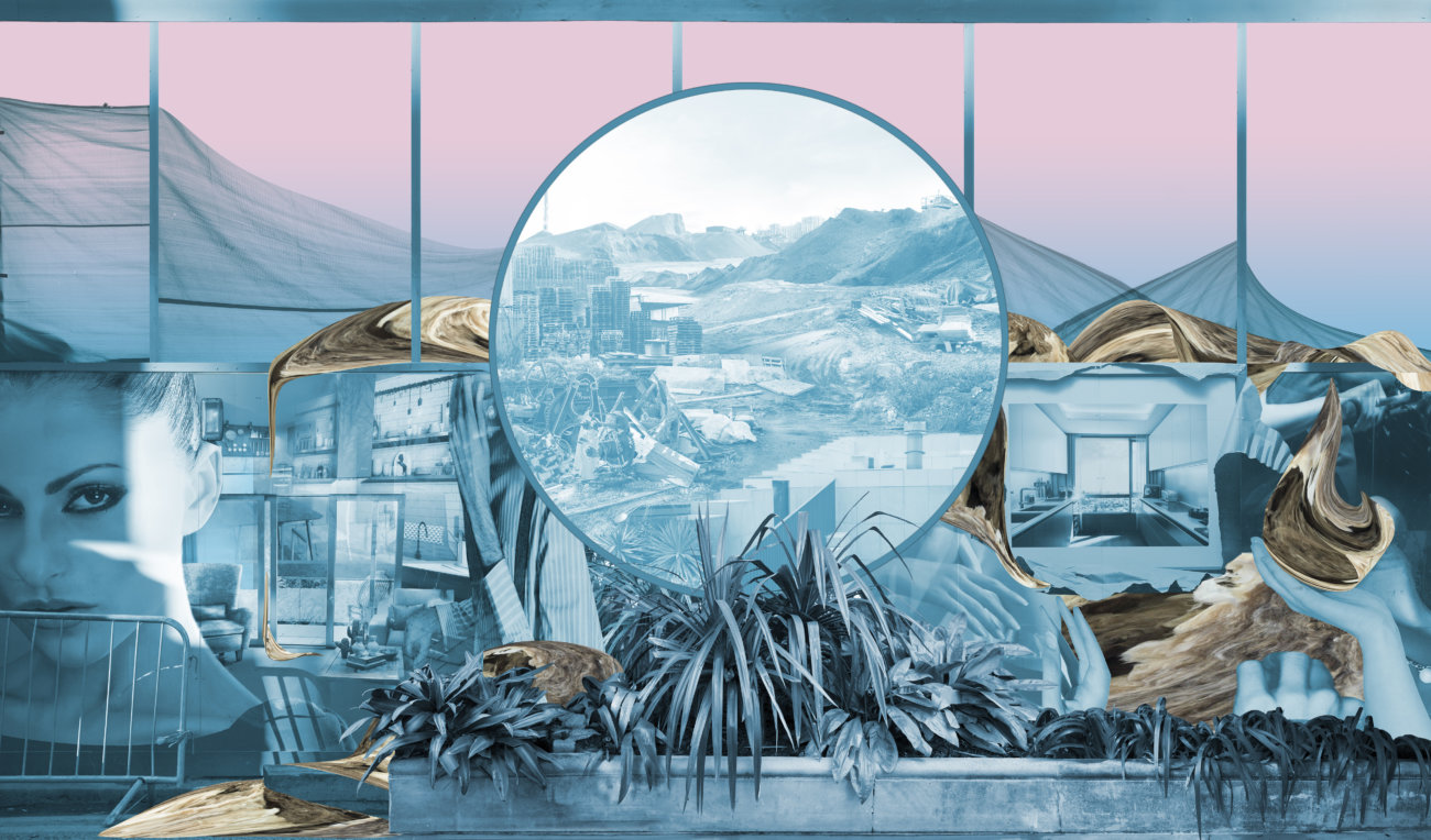 Digital image of pink and blue dystopian/utopian landscape