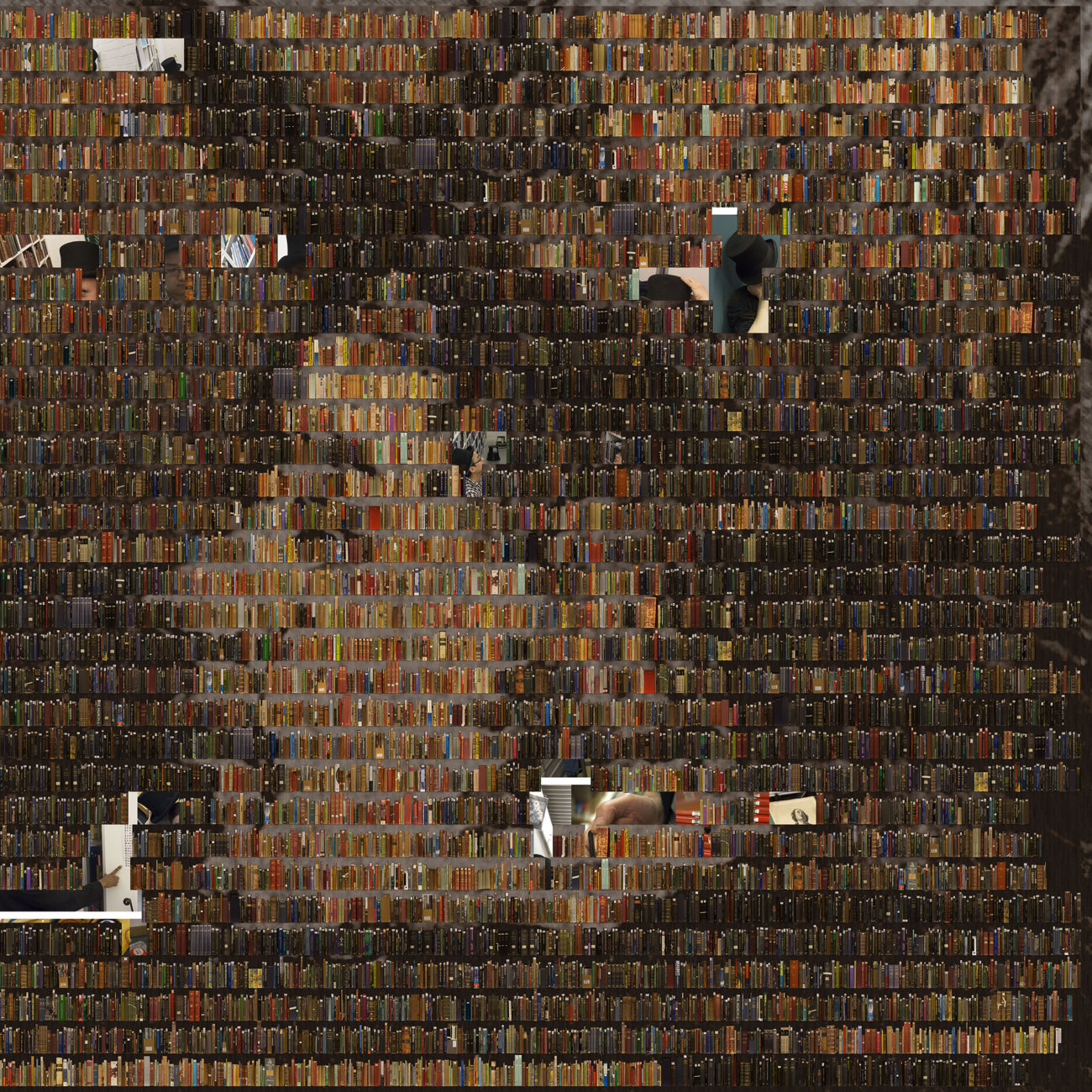 collage of 50 thousand mostly brown book spines revealing a face
