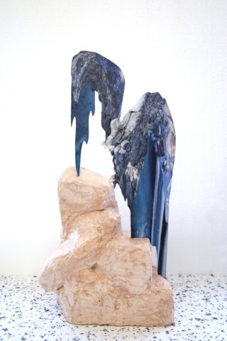 abstract sculpture in blue and pale pink
