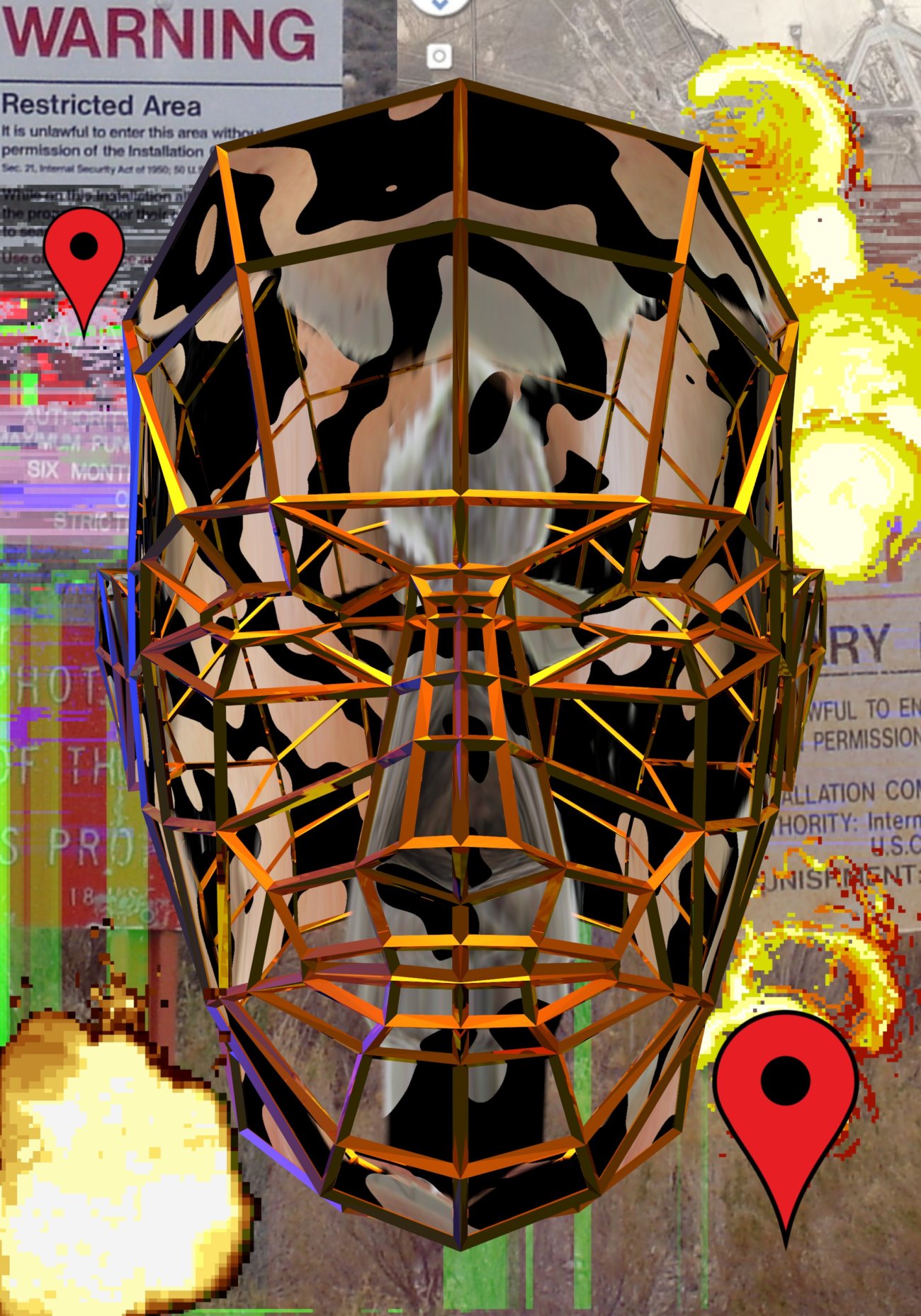 Digital art image of metakllic skull with gold frame and abstract background