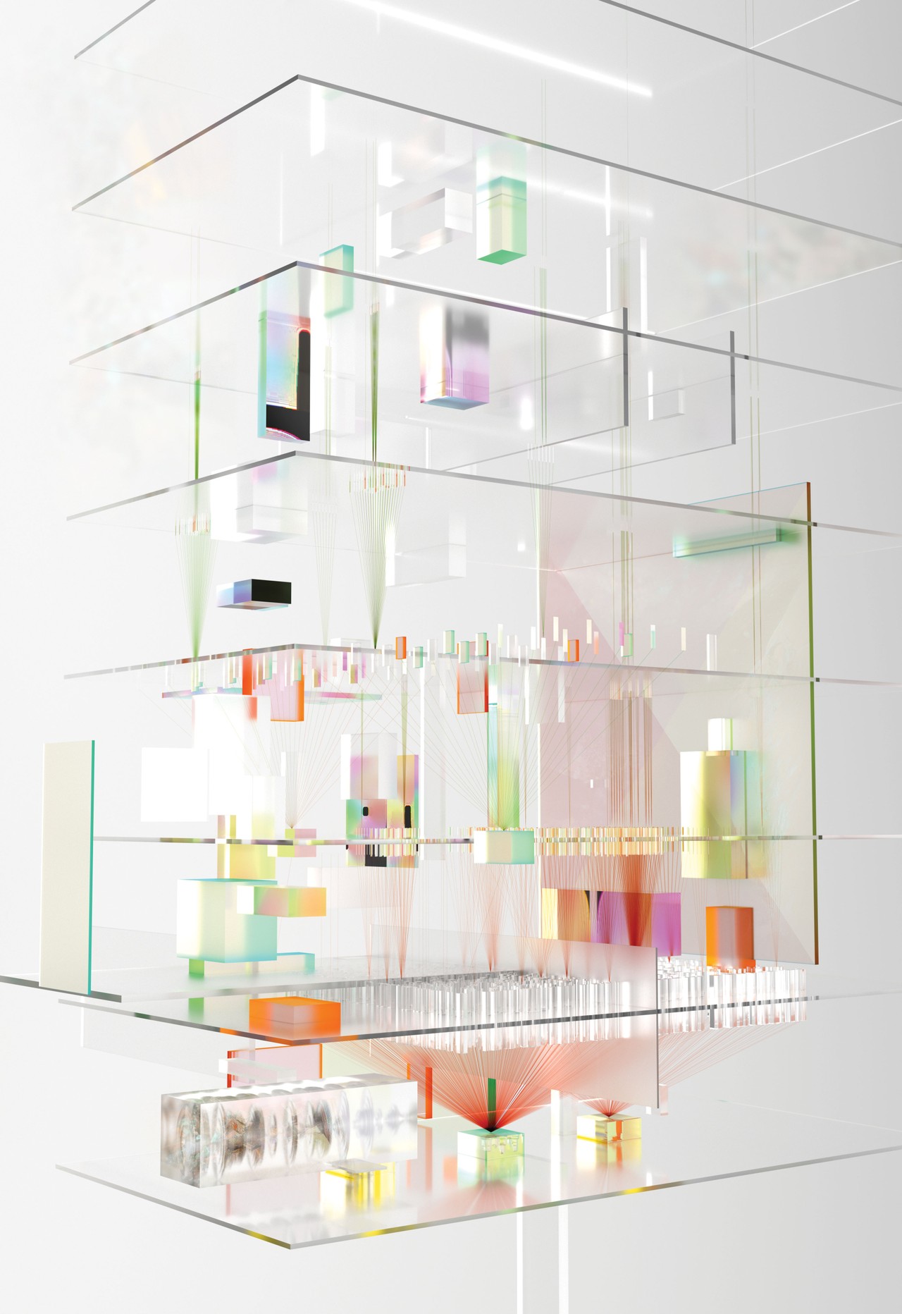 image of System Aesthetics artwork, clear acrylic shelves with coloured elements