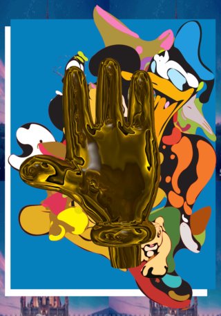 multicoloured cartoon collage with 3D rendered large golden hand
