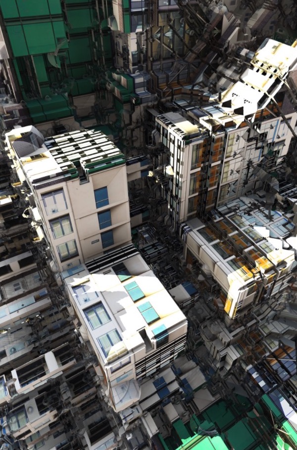 Dystopian digital city landscape