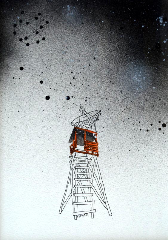 hand drawn image of a tower with a satellite dish atop
