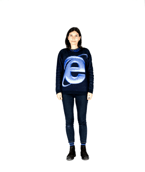 animated image of Olia Lialina removing a jumper with Internet Explorer icon to reveal one with Netscape icon